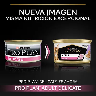 Cambio de imagen: Purina Pro Plan Delicate ahora es Pro Plan Adult Delicate. Misma nutrición excepcional. Envases antiguos y nuevos visibles con texto explicativo.