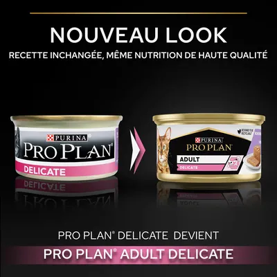 Changement d’emballage : PURINA PRO PLAN Delicate devient PRO PLAN Adult Delicate. Recette inchangée, même nutrition de haute qualité. Ancienne et nouvelle boîte visibles.