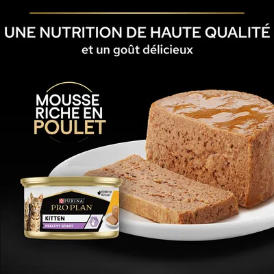 Purina Pro Plan Kitten Healthy Start, mousse riche en poulet. Texte visible : une nutrition de haute qualité et un goût délicieux. Boîte et portion de mousse sur assiette.