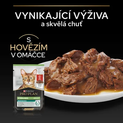 Purina Pro Plan Sterilised Adult hovädzie v omáčke, balenie s obrázkom mačky a porciou hovädzieho mäsa na tanieri. Text: Vynikající výživa a skvělá chuť. S hovězím v omáčce.