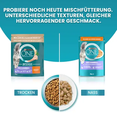 Purina ONE Coat & Hairball Mischfütterung: Trockenfutter mit Bifensis, Nassfutter mit Huhn und grünen Bohnen. Unterschiedliche Texturen, gleicher hervorragender Geschmack.