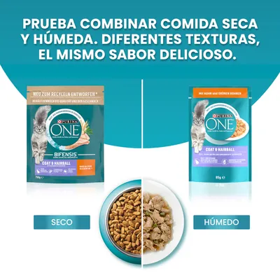 Purina ONE Coat & Hairball comida para gatos, seco 750 g y húmedo 85 g. Texto: Prueba combinar comida seca y húmeda. Diferentes texturas, el mismo sabor delicioso.