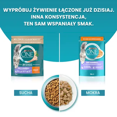 Purina One Coat & Hairball dla kotów: opakowanie suchej karmy 750 g, saszetka mokrej karmy 85 g, miska z suchą i mokrą karmą, napisy: SUCHa, MOKRA.