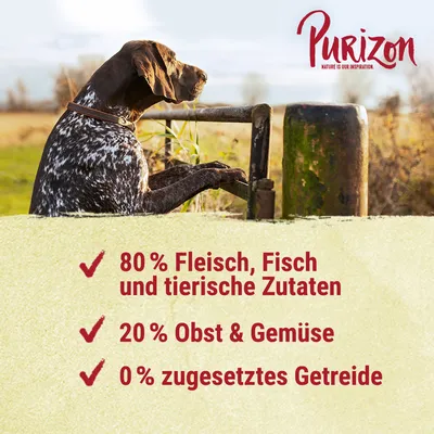 Purizon. 80 % lihaa, kalaa ja eläinperäisiä ainesosia, 20 % hedelmiä ja vihanneksia, 0 % lisättyä viljaa.