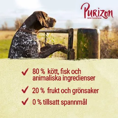 Purizon. 80 % kött, fisk och animaliska ingredienser, 20 % frukt och grönsaker, 0 % tillsatt spannmål.