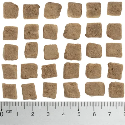 Hnedé, štvorcové kŕmne kúsky veľkosti približne 1–2 cm, zobrazené vedľa pravítka na určenie veľkosti.