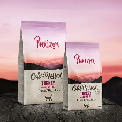 Purizon Cold-Pressed kalkkuna hampunsiemenöljyllä, 90 % eläinperäisiä ainesosia, 10 % vihanneksia, 0 % viljaa. Pakkaus vuoristokuvioitu, saatavana 400 g ja suurempana.