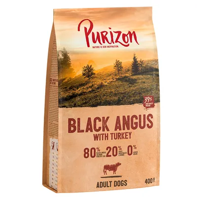 Purizon Black Angus with Turkey pour chiens adultes, 400 g. 80 % bœuf Black Angus, dinde et œuf, 20 % fruits/légumes/herbes, 0 % céréales ajoutées, 39 % protéines de haute qualité.