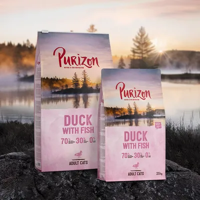 Deux sacs de croquettes Purizon Duck with Fish pour chats adultes, 70 % ingrédients d’origine animale, 30 % fruits/légumes, 0 % céréales, formats visibles : grand et 2,5 kg.