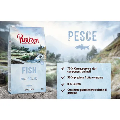 Purizon Fish per gatti adulti 6,5 kg. Testo: 70 % carne, pesce e altri componenti animali, 30 % preziosa frutta e verdura, 0 % cereali, crocchette gustose e ricche di proteine.