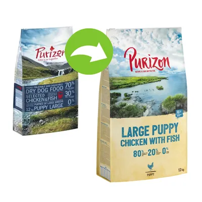 Packaging change from old to new for large puppy chicken with fish dry food, 12kg. New pack highlights 80% chicken and fish, 20% vegetables, 0% grain.