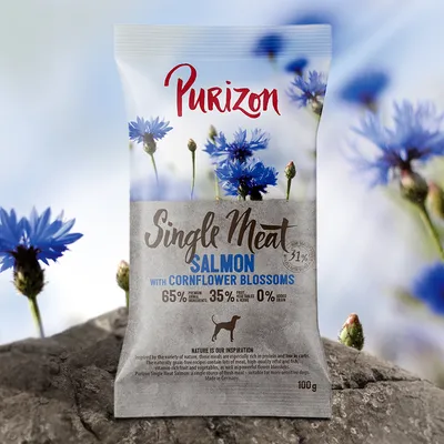 Purizon Single Meat Salmon s plavim cvijetom, 65% proteina, 35% povrća, 0% žitarica. Proizvedeno u Njemačkoj. Pakiranje 100g.