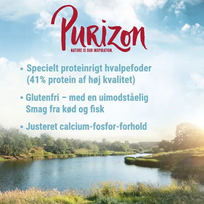 Purizon. Specielt proteinrigt hvalpefoder (41 % protein af høj kvalitet). Glutenfri – med uimodståelig smag fra kød og fisk. Justeret calcium-fosfor-forhold.