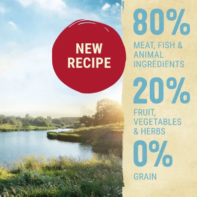 New recipe: 80% meat, fish and animal ingredients, 20% fruit, vegetables and herbs, 0% grain.