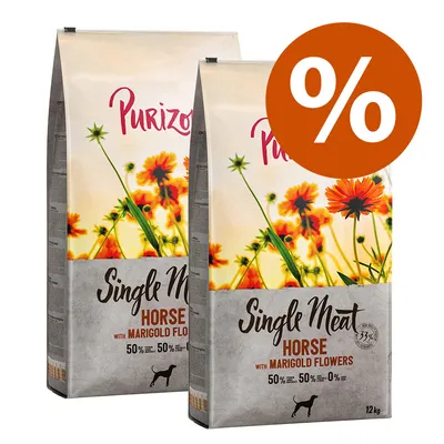 Purizon Single Meat Horse kehäkukilla, 12 kg, 50 % lihapitoisuus, 0 % viljaa. Tuplapakkaus alennusmerkinnällä.