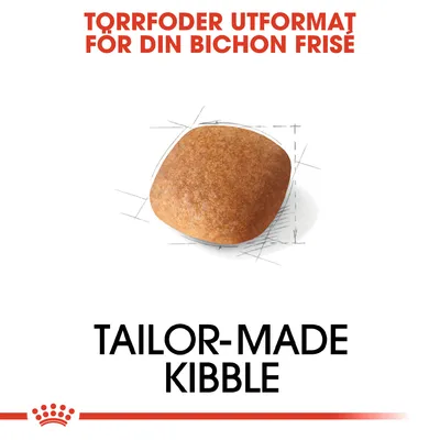Text: Torrfoder utformat för din Bichon Frisé. Bild på ett torrfoderkorn. Text: Tailor-made kibble.