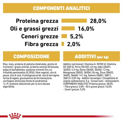 Componenti analitici: proteina grezza 28%, oli e grassi grezzi 16%, ceneri grezze 5,2%, fibra grezza 2%. Composizione e additivi elencati per esteso. Componenti analitici: proteina grezza 28%, oli e grassi grezzi 16%, ceneri grezze 5,2%, fibra grezza 2%. Composizione e additivi elencati per esteso.