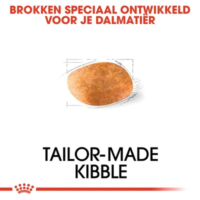 Brokken speciaal ontwikkeld voor je Dalmatiër. Afbeelding van een brok. Tekst: TAILOR-MADE KIBBLE.