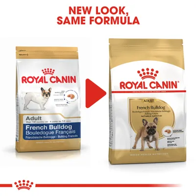 Royal Canin French Bulldog Adult -koiranruoan pakkausuudistus: vasemmalla vanha, oikealla uusi pakkaus. Teksti ylhäällä: NEW LOOK, SAME FORMULA.
