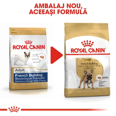 Imagine comparativă cu vechiul și noul ambalaj Royal Canin Adult French Bulldog, text vizibil: „AMBALAJ NOU, ACEEAȘI FORMULĂ”. Ambele pungi prezintă un buldog francez adult.