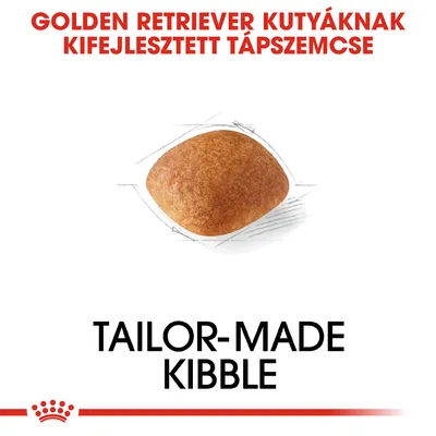 Golden Retriever kutyáknak kifejlesztett tápszemcse. Tailor-made kibble felirat angolul is látható.