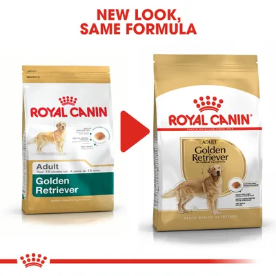 ROYAL CANIN Adult Golden Retriever dog food packaging, old and new designs side by side. Text above: NEW LOOK, SAME FORMULA.