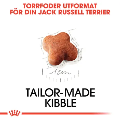 Text: Torrfoder utformat för din Jack Russell Terrier. Bild på foderbit med mått 1 cm. Text: Tailor-made kibble.