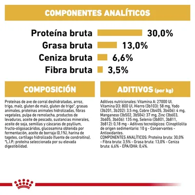 Composición y aditivos de alimento: proteína bruta 30 %, grasa bruta 13 %, ceniza bruta 6,6 %, fibra bruta 3,5 %. Ingredientes principales y lista de aditivos nutricionales por kg.