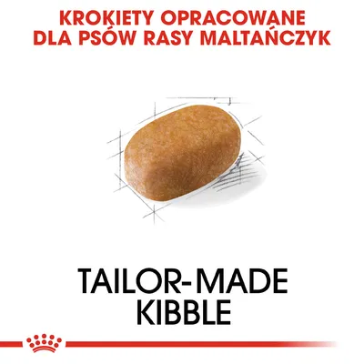 Krokiety opracowane dla psów rasy Maltańczyk. Tailor-made kibble. Widoczny pojedynczy krokiet na białym tle.