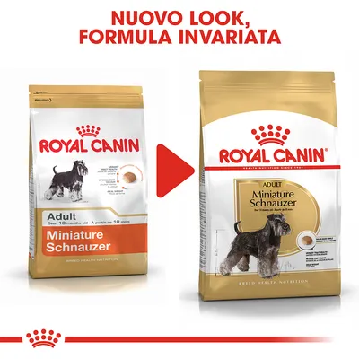ROYAL CANIN Adult Miniature Schnauzer, nuovo look formula invariata, due confezioni visibili: una vecchia e una nuova con immagine del cane e dettagli in inglese.