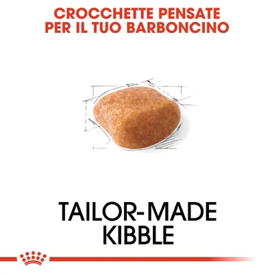 CROCCHETTE PENSATE PER IL TUO BARBONCINO. TAILOR-MADE KIBBLE. Crocchetta singola su sfondo bianco con schizzi tecnici attorno.