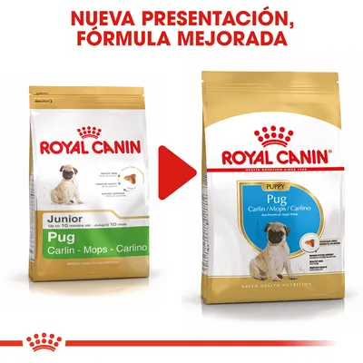 Comparativa de envases de Royal Canin Pug Junior y Puppy, texto visible: 'Nueva presentación, fórmula mejorada'. Ambos muestran perro pug y nombres Carlin, Mops, Carlino.