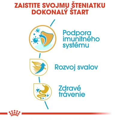 Zaistite svojmu šteniatku dokonalý štart: Podpora imunitného systému, rozvoj svalov, zdravé trávenie. Text a ikonky s grafickým znázornením týchto benefitov.