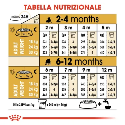 Tabella nutrizionale per cuccioli: dosi giornaliere in grammi e cup per peso adulto 18, 24, 30 kg da 2 a 12 mesi. ME=3859 kcal/kg, 1 cup=240 ml (≈96 g).
