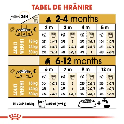 Tabel de hrănire pentru câini: cantități zilnice recomandate în grame și cupe, pe vârste 2–12 luni și greutăți adulte 18, 24, 30 kg. 1 cupă = 240 ml (≈96 g). ME=3859 kcal/kg.