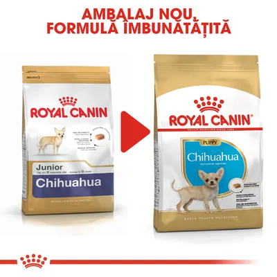 Royal Canin Chihuahua Junior ambalaj vechi și Royal Canin Chihuahua Puppy ambalaj nou. Text sus: Ambalaj nou, formulă îmbunătățită.