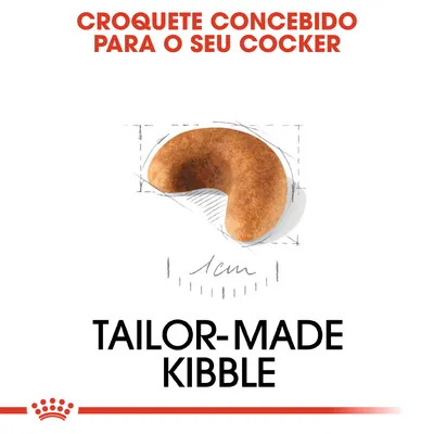 Croquete concebido para o seu Cocker, tamanho aproximado 1 cm. Texto em inglês: Tailor-made kibble. Croquete concebido para o seu Cocker, tamanho aproximado 1 cm. Texto em inglês: Tailor-made kibble.