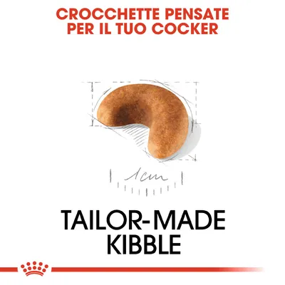 CROCCHETTE PENSATE PER IL TUO COCKER, crocchetta a forma di mezzaluna con dimensione 1 cm, testo: TAILOR-MADE KIBBLE