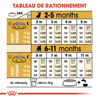 Tableau de rationnement pour chiots selon poids adulte (8, 10, 14 kg) et âge (2–11 mois), quantités en grammes et tasses par repas, ME=4140 kcal/kg, 1 tasse=240 ml (≈98 g).