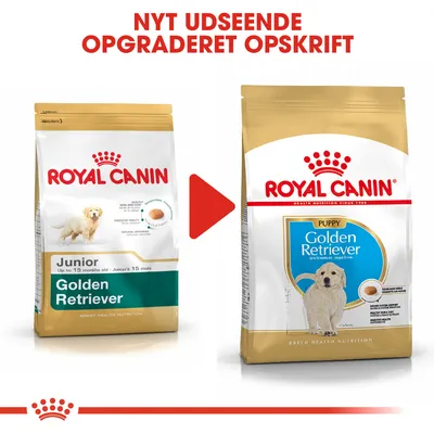 Royal Canin Golden Retriever Junior og Puppy hundefoderposer, tekst: NYT UDSEENDE OPGRADERET OPSKRIFT. Visuel sammenligning af gammel og ny emballage.