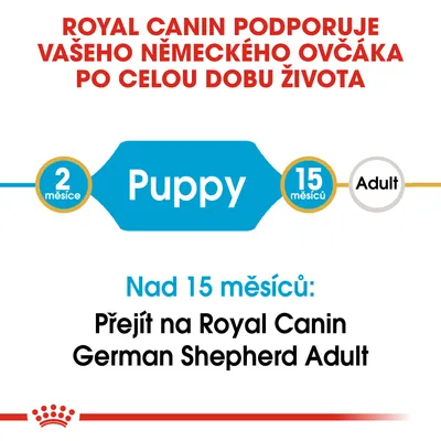 ROYAL CANIN podporuje vašeho německého ovčáka po celou dobu života. Puppy 2 měsíce–15 měsíců. Nad 15 měsíců: Přejít na Royal Canin German Shepherd Adult.