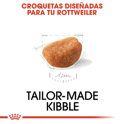 Croquetas diseñadas para tu Rottweiler, tamaño aproximado 1 cm. Texto en inglés: Tailor-made kibble.