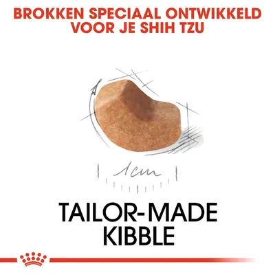 Brokken speciaal ontwikkeld voor je Shih Tzu, afbeelding van een brok met maatindicatie 1 cm, tekst: Tailor-made kibble.