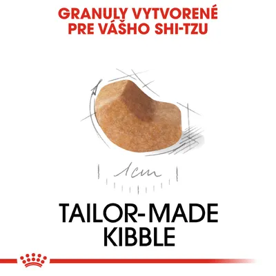 Granuly vytvorené pre vášho Shi-Tzu, zobrazený tvar granule s mierkou 1 cm. Text: TAILOR-MADE KIBBLE.