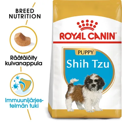 Royal Canin Puppy Shih Tzu -kuivaruokapakkaus, tekstit: Räätälöity kuivanappula, Immuunijärjestelmän tuki, kuva nappulasta ja shih tzu -pennusta.