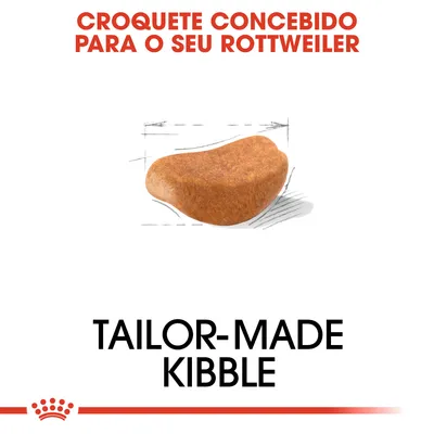 Croquete concebido para o seu Rottweiler. Tailor-made kibble. Imagem de um croquete individual desenhado para a raça, com linhas de esboço à volta.