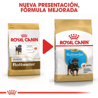 Comparativa de envases Royal Canin Rottweiler Junior y Puppy, nueva presentación y fórmula mejorada. Texto visible: 'Up to 18 months old'. Imagen de cachorro en ambos paquetes.
