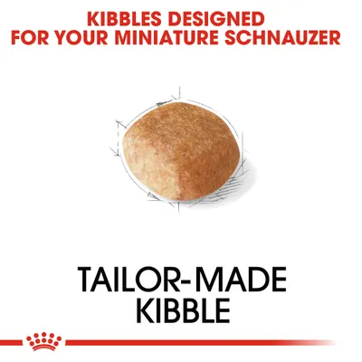 KIBBLES DESIGNED FOR YOUR MINIATURE SCHNAUZER, TAILOR-MADE KIBBLE. Teksti englanniksi, kuvassa yksi nappula.
