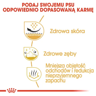 Podaj swojemu psu odpowiednio dopasowaną karmę. Zdrowa skóra, zdrowe zęby, mniejsza objętość odchodów i redukcja nieprzyjemnego zapachu.