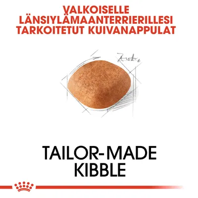 Valkoiselle länsiylämaanterrierillesi tarkoitetut kuivanappulat. Tailor-made kibble.